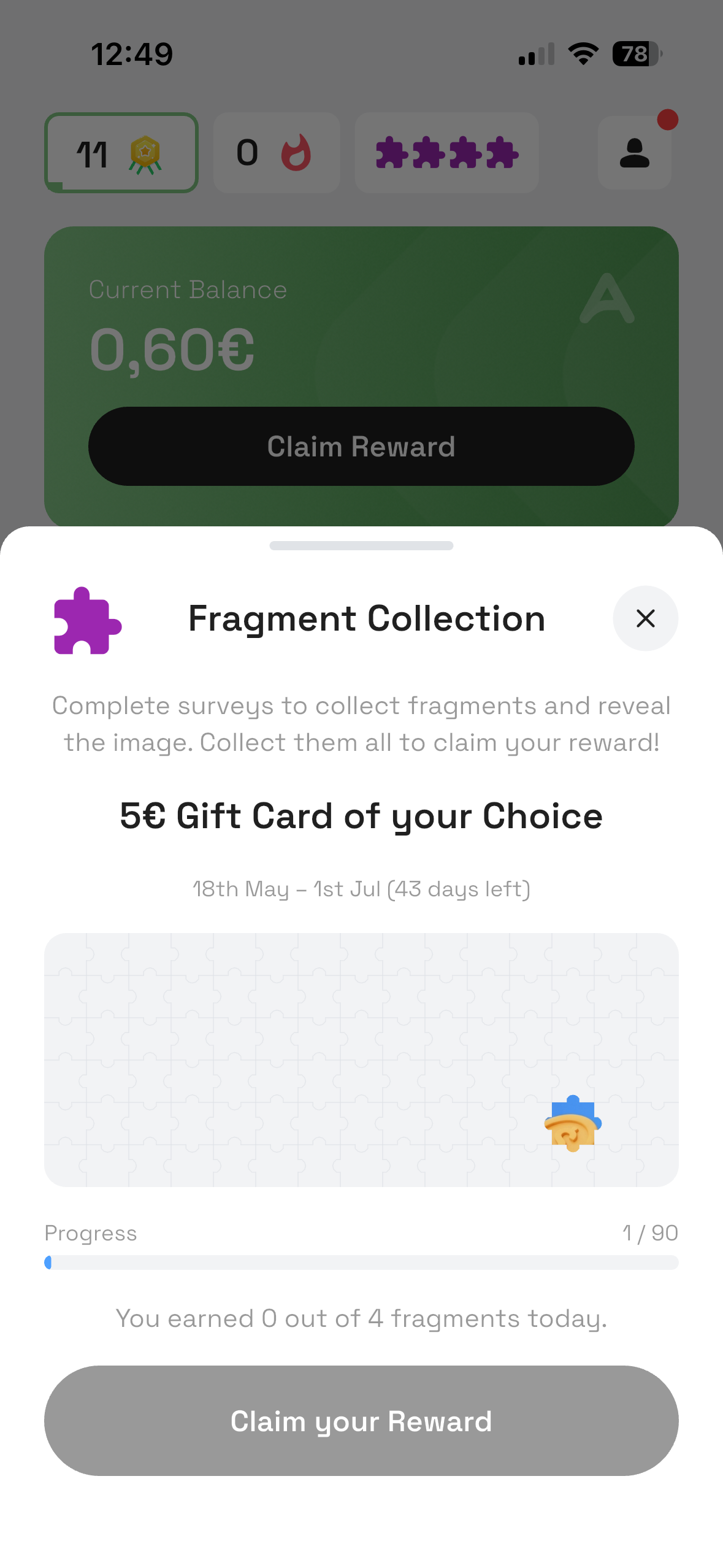 The AirPerks Fragment Collection modal showing the 5€ Gift Card reward, the 18 May – 1 Jul window with 43 days left, the puzzle grid, and the 1/90 progress bar