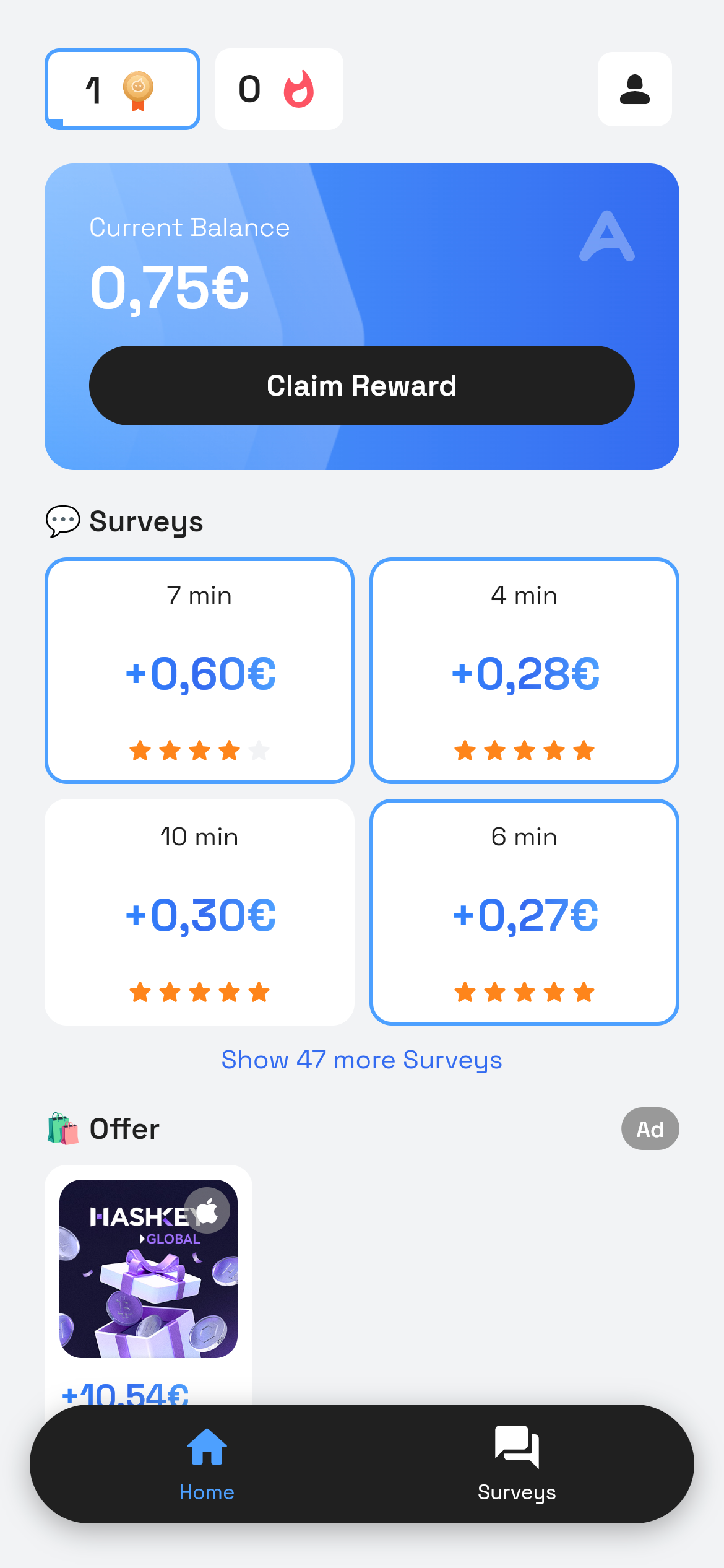 The AirPerks home screen showing the survey list and gaming offers