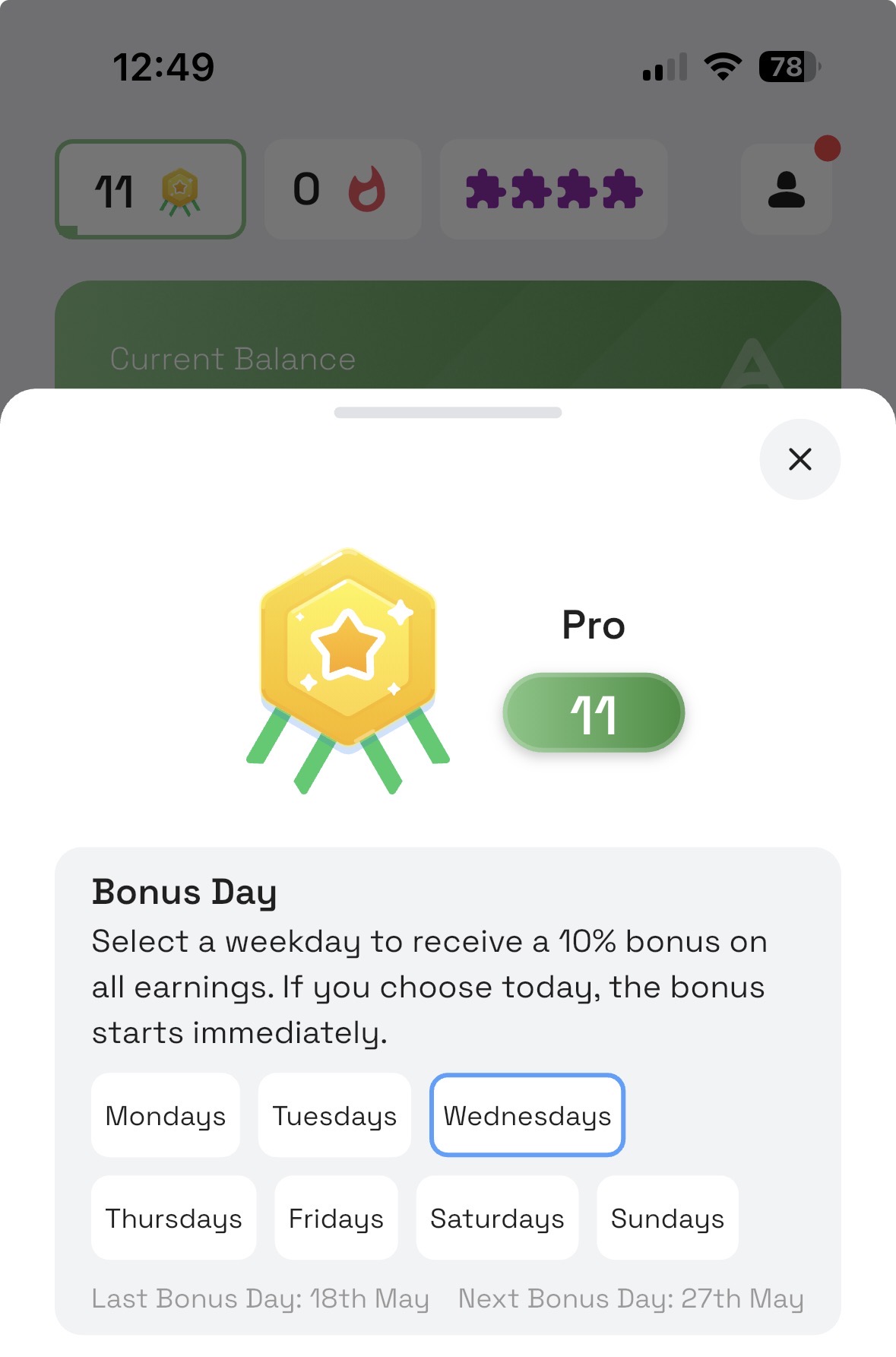 The AirPerks Bonus Day picker — Pro Level 11 badge, the 10% bonus copy, weekday chips with Wednesdays selected, and the upcoming Bonus Day date