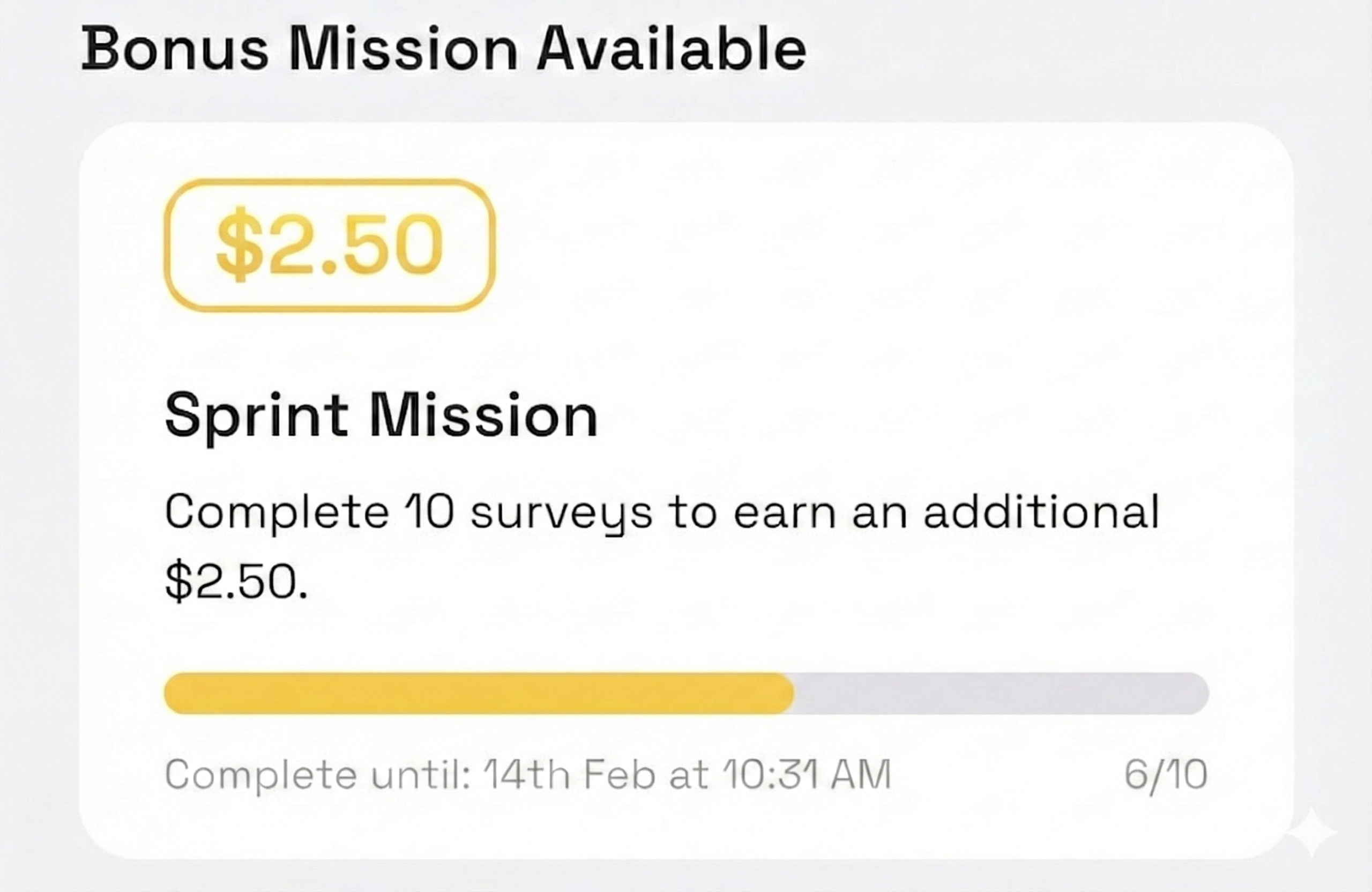 The Sprint Mission modal in AirPerks showing a $2.50 bonus for completing 10 surveys, with 6 of 10 done