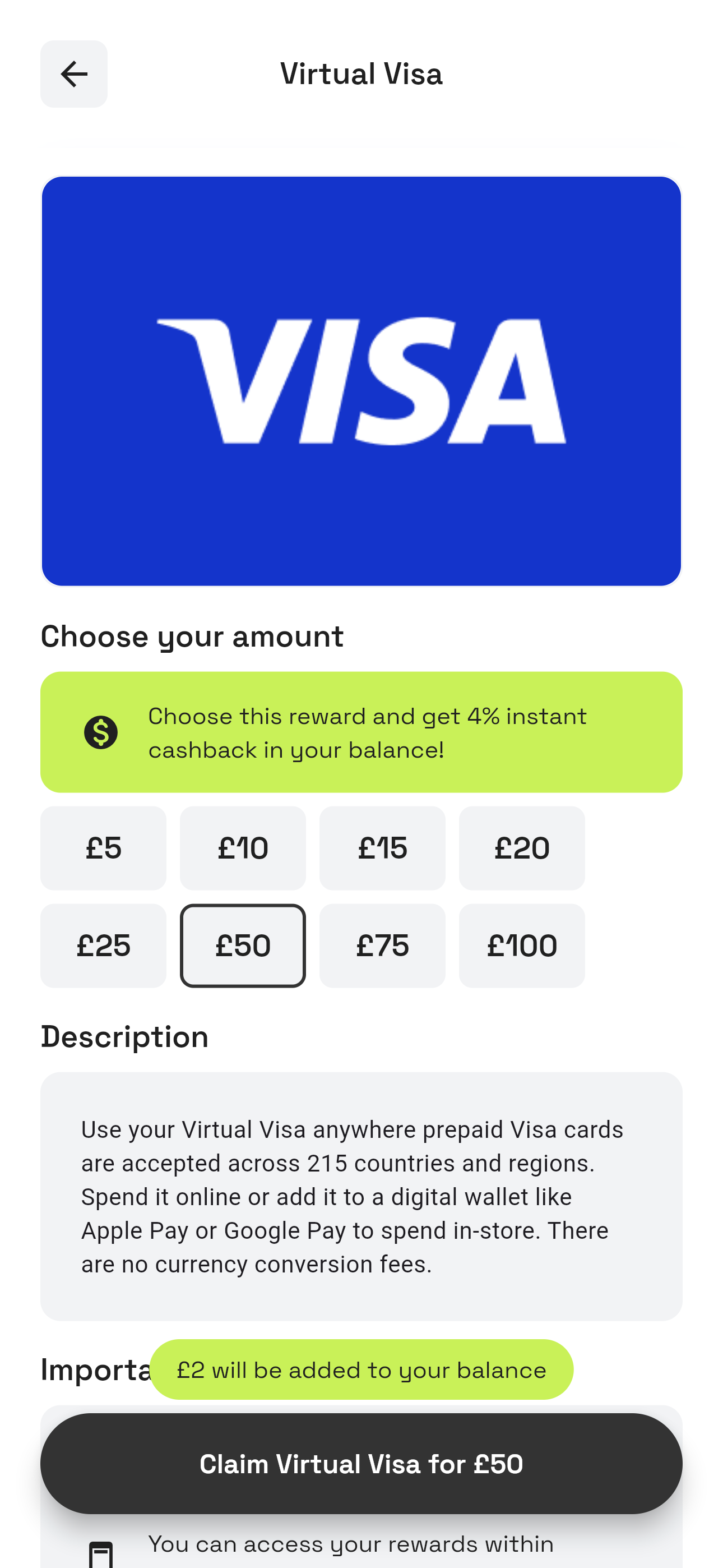 The Virtual Visa payout screen showing 4% instant cashback on a £50 redemption