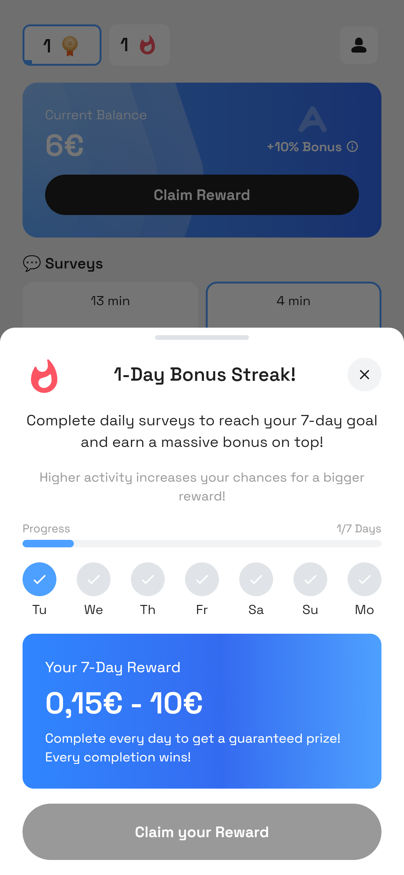 The AirPerks daily streak modal showing the 7-day progress tracker and the €0.15–€10 reward range