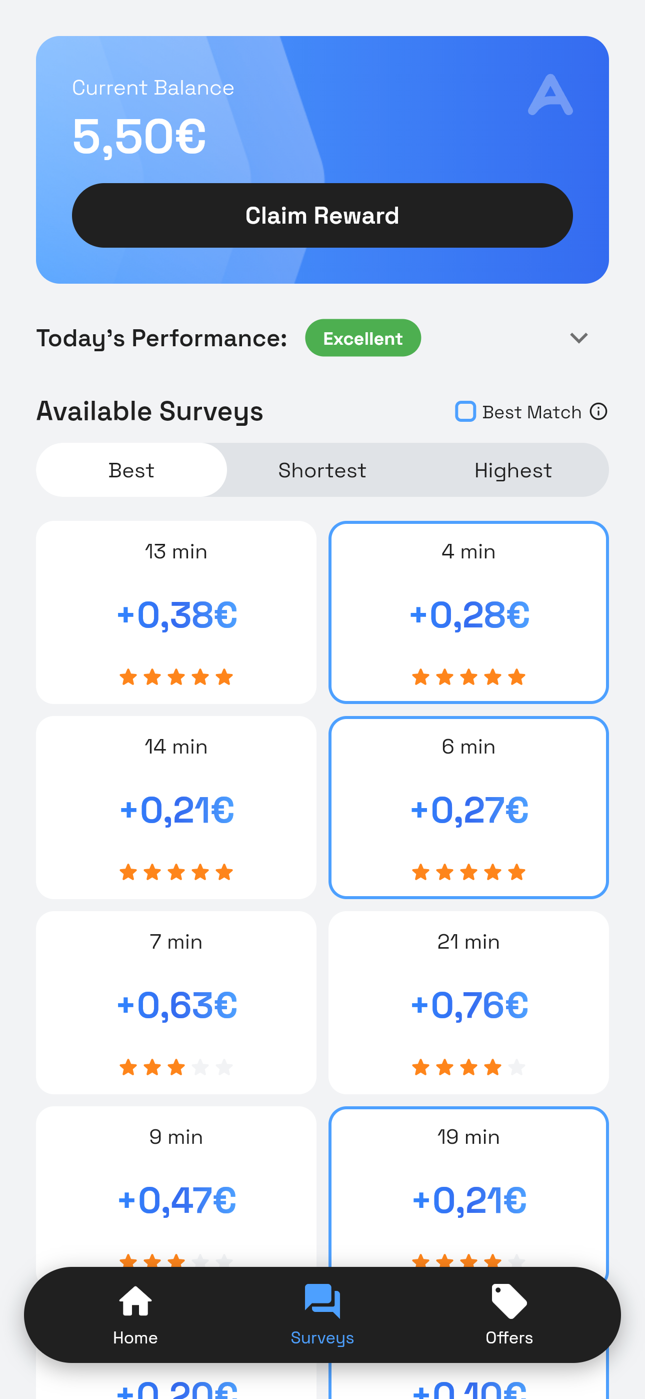 The AirPerks Surveys tab with the "Today's Performance: Excellent" indicator and the Best Match filter